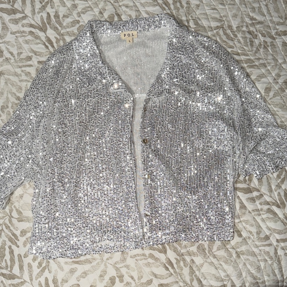 POL Silver Sequin Short Boxy Button Up